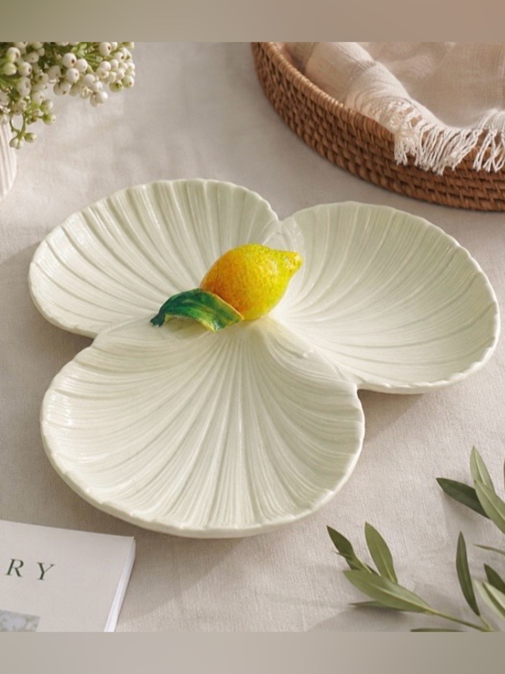 VTG Italian Majolica Lemon Leaf 3 Compartment Serving Dish Ceramic Divided Italy